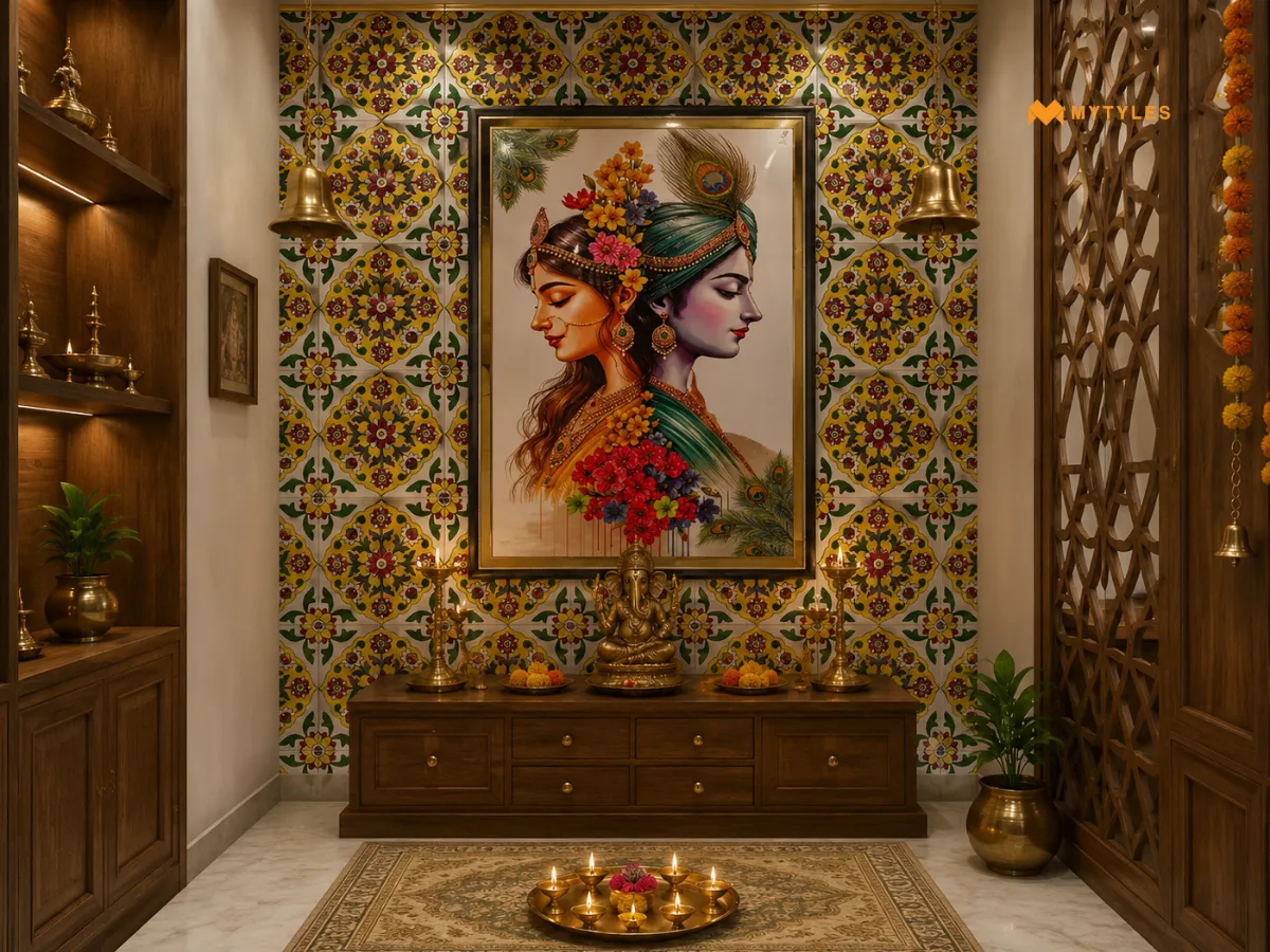 Decorative Yellow Motif Tiles in Pooja Room